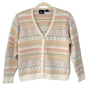 T9 80s VTG Lizsport Petite Fair Isle Knit Cardigan Sweater Pastel Snowflakes